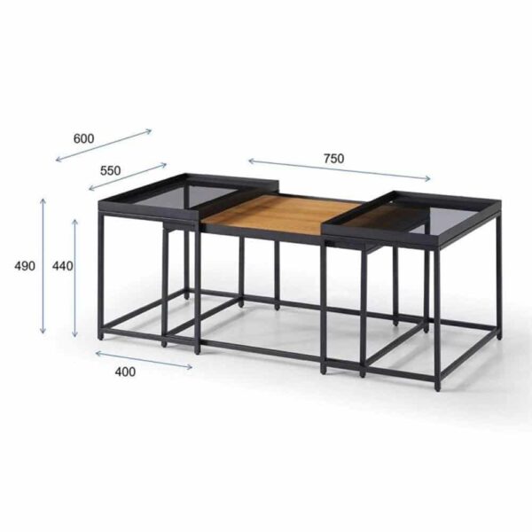 HARMONICA COFFEE TABLE SET 3ΤΕΜ ΦΥΣΙΚΟ ΦΙΜΕ ΜΑΥΡΟ 75x55x44 04-0972 - Image 4
