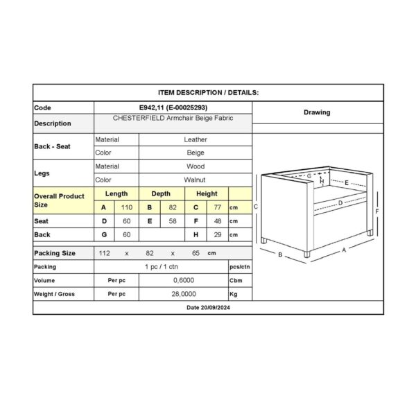 CHESTERFIELD York Πολυθρόνα Σαλονιού - Καθιστικού, Ύφασμα Απόχρωση Μπεζ 110x82x77cm - Image 3
