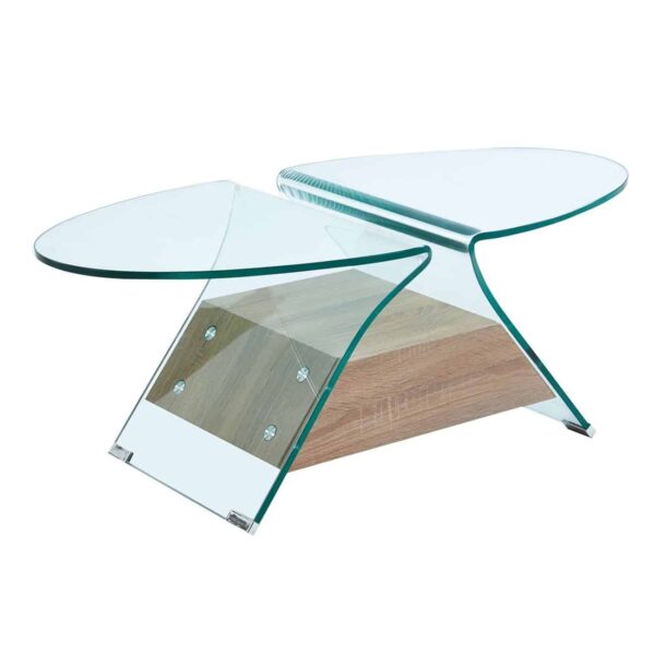 GLASSER Wood Τραπεζάκι Σαλονιού Oval, Διάφανο Γυαλί 12mm, Ράφι Απόχρωση Δρυς 100x54x39cm - Image 2