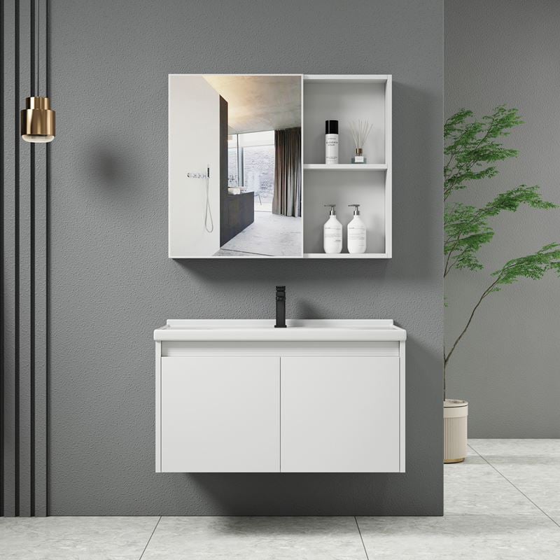 IDEA-1 Set Έπιπλο Κρεμαστό Μπάνιου Άσπρο IDEA-1 Set Έπιπλο Κρεμαστό Μπάνιου Άσπρο, Καθρέπτης + Πάγκος με Νιπτήρα και Μπαταρία Up:55x11x60cm Down:60x47x45cm - Image 1