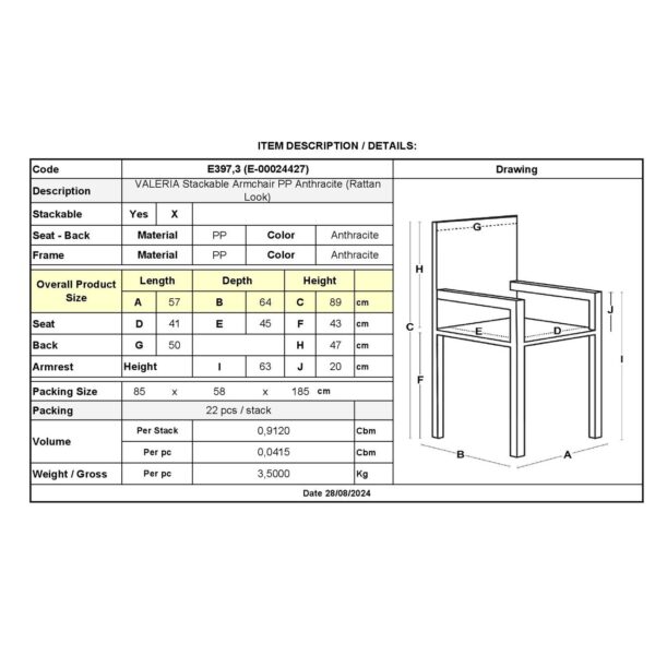 VALERIA Πολυθρόνα Τραπεζαρίας Κήπου Στοιβαζόμενη, PP Απόχρωση Ανθρακί (Rattan Look) 57x64x89cm - Image 3