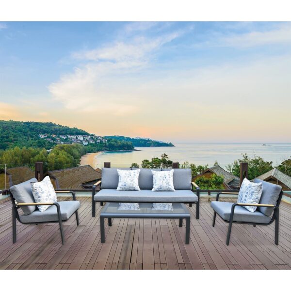 LATINO Set Σαλόνι Κήπου 4τεμ, Αλουμίνιο Μαύρο, Μαξιλάρια Γκρι, Γυαλί Μαύρο 2 Πολυθρ+1 Καναπ+1 Τραπεζάκι - Image 3