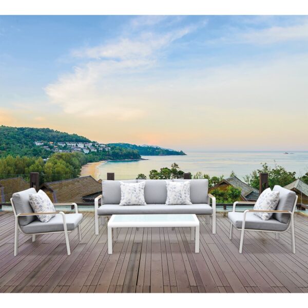 LATINO Set Σαλόνι Κήπου 4τεμ, Αλουμίνιο Άσπρο, Μαξιλάρια Ανοιχτό Γκρι, Γυαλί Άσπρο 2 Πολυθρ+1 Καναπ+1 Τραπεζάκι - Image 3