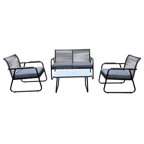 ROCCO Set Σαλόνι Κήπου 4τεμ, Μέταλλο Μαύρο,RopeWicker Γκρι, Μαξιλ.Σκούρο Γκρι, Γυαλί Μαύρο 2 Πολυθρ+1 Καναπ+1 Τραπεζάκι - Image 2