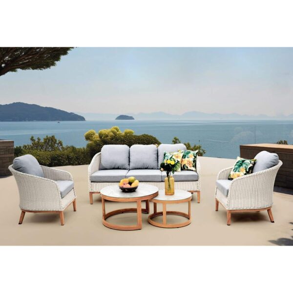 IBIZA Set Σαλόνι Κήπου: 3θέσιο +2 Πολυθρόνες+2 Τραπεζάκια ALU Φυσικό-Wicker Άσπρο-Μαξιλ.Γκρι 182x78x79-66x78x79-Φ80-Φ60cm - Image 2