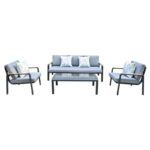 LATINO Set Σαλόνι Κήπου 4τεμ, Αλουμίνιο Μαύρο, Μαξιλάρια Γκρι, Γυαλί Μαύρο 2 Πολυθρ+1 Καναπ+1 Τραπεζάκι