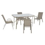 RIO Set Τραπεζαρία Κήπου Μέταλλο Βαφή Μπεζ, Textilene Μπεζ: Τραπέζι + 4 Πολυθρόνες Table:120x70x71 Armch:55x74x91