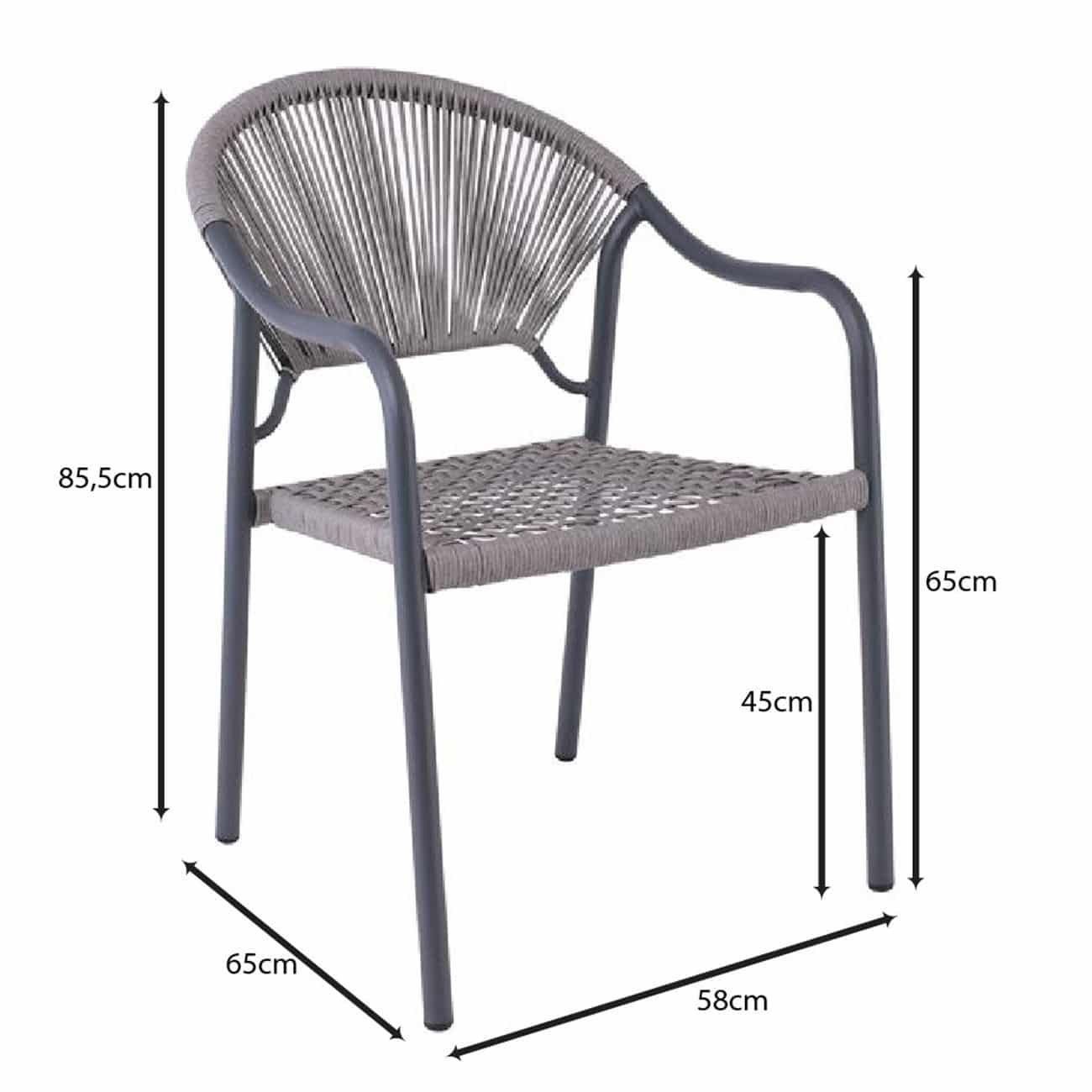 e-00025773_9-huge POLIS Πολυθρόνα Βεράντας-Κήπου Μέταλλο Βαφή Ανθρακί, Rope Wicker Γκρι, Στοιβαζόμενη 58x65x85,5cm - Image 1
