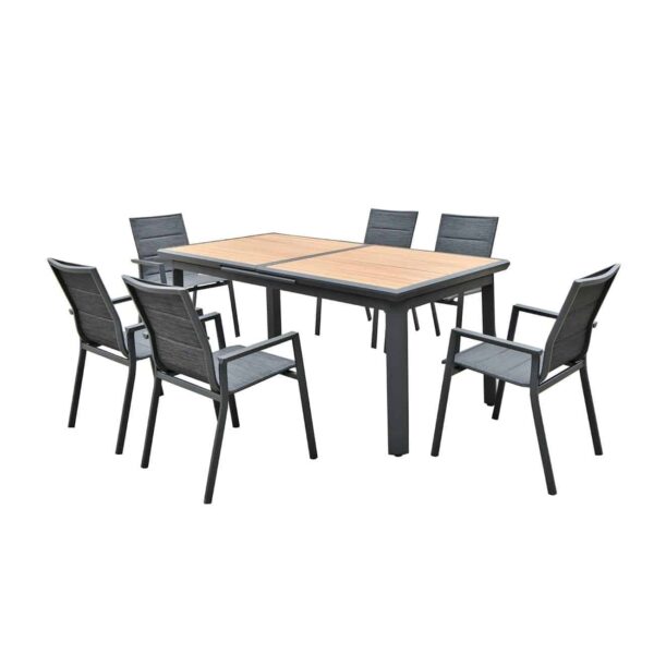 NAPOLI Set Dining ALU Κήπου: 6 Πολυθρόνες + Τραπέζι Επεκτ/νο Μαύρο-Καρυδί-Textilene Ανθρακί Tab:186+60x95x77Chair:59x62x90 - Image 2