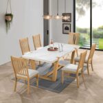 COMET Set Τραπεζαρία Ξύλινη: Τραπέζι+6 Καρέκλες, Φυσικό με Mdf Άσπρο Μάρμαρο,Ύφασμα Άσπρο Table200x100x77-Chair49x60x100