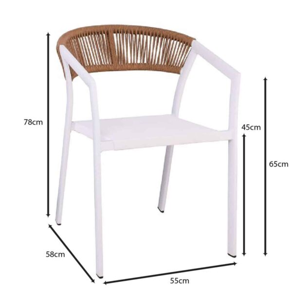 PARMA Πολυθρόνα Βεράντας-Κήπου ALU Άσπρο, Rope Wicker Φυσικό, Textilene Άσπρο, Στοιβαζόμενη 55x58x78cm - Image 6