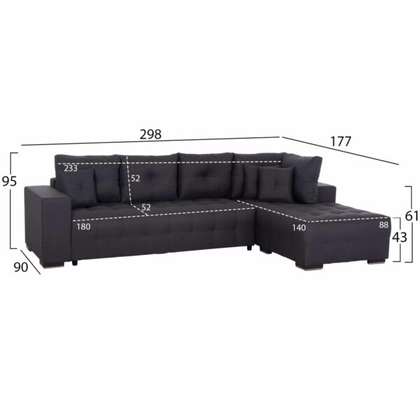 ΓΩΝΙΑΚΟΣ ΚΑΝΑΠΕΣ-ΚΡΕΒΑΤΙ ΜΕ ΑΠΟΘ.ΧΩΡΟ TRENDSTON HM3302.01R ΓΚΡΙ ΥΦΑΣΜΑ 298x177x95Υεκ - Image 2