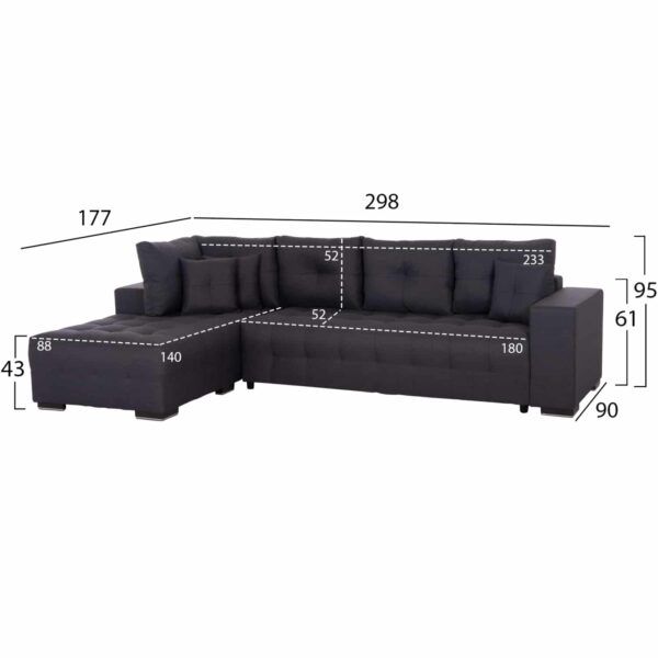 ΓΩΝΙΑΚΟΣ ΚΑΝΑΠΕΣ-ΚΡΕΒΑΤΙ ΜΕ ΑΠΟΘ.ΧΩΡΟ TRENDSTON HM3302.01L ΓΚΡΙ ΥΦΑΣΜΑ 298x177x95Υεκ - Image 2
