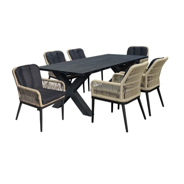 ALLEY Set Τραπεζαρία ALU Ανθρακί-Rope Φυσικό: Τραπέζι 180x94 + 6 Πολυθρόνες με Μαξιλ Table:180x94x72 Chair:62x64x85 - Image 3