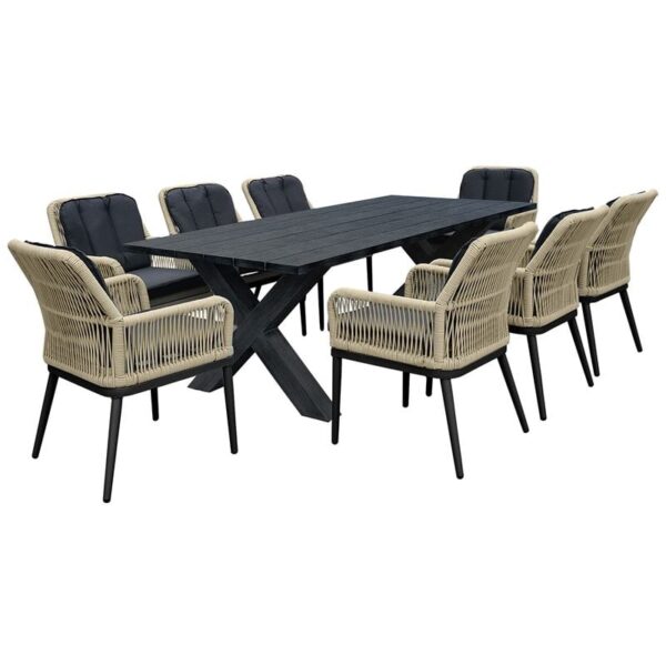 ALLEY Set Τραπεζαρία ALU Ανθρακί-Rope Φυσικό: Τραπέζι + 8 Πολυθρόνες με Μαξιλάρια Table:220x94x72 Chair:62x64x85 - Image 3