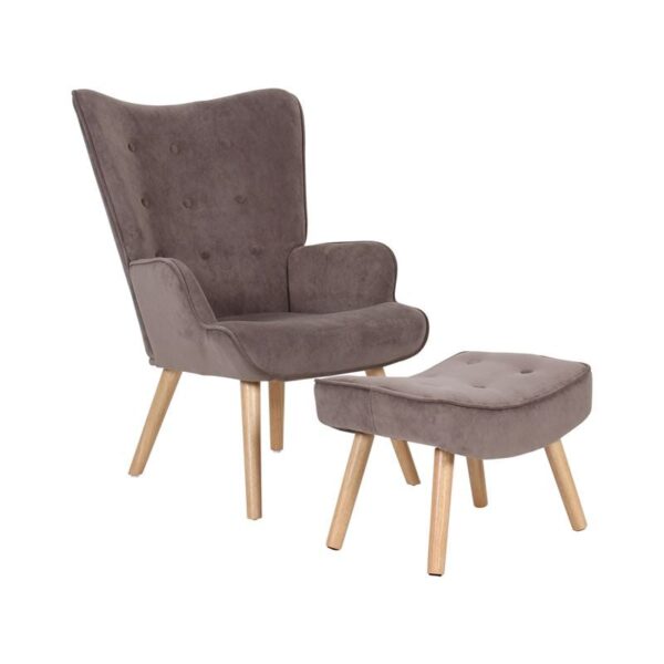 ALMA Πολυθρόνα - Μπερζέρα με Σκαμπό - Υποπόδιο Φυσικό Ύφασμα Velure Καφέ, K/D 69x76x97cm / 52x38x35cm - Image 3