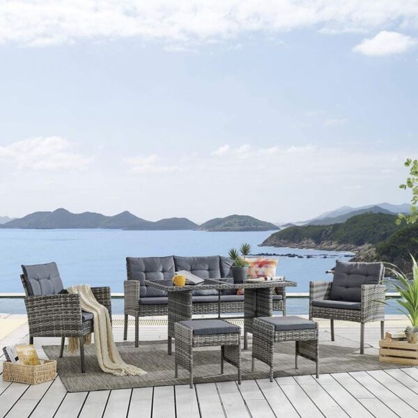 JOCKEY Set Dining Καθιστικό: Τραπέζι+3Θέσιος+2 Πολυθρόνες+ 2 Σκαμπό, Μέταλλο, Wicker Γκρι Table:120x66x66cm Set 7 Seats - Image 3