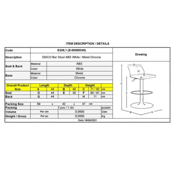 DISCO Σκαμπό BAR, Βάση Χρώμιο, ABS Άσπρο,Ρυθμιζόμενο Ύψος Περιστρεφόμενο 44x40x71/92cm - Image 6