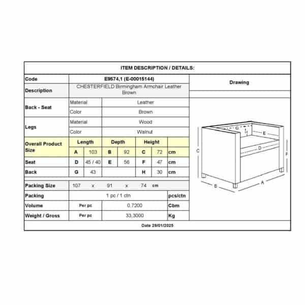 CHESTERFIELD Birmingham Πολυθρόνα Σαλονιού Καθιστικού,Δέρμα Απόχρωση Καφέ 103x92x72cm - Image 6