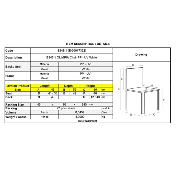OLIMPIA Καρέκλα Τραπεζαρίας Κήπου Στοιβαζόμενη, PP - UV Protection, Απόχρωση Άσπρο 46x52x86cm - Image 8