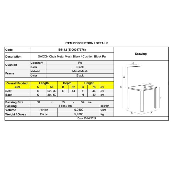 SAXON Καρέκλα Μέταλλο Βαφή Μαύρο, Μαξιλάρι Μαύρο 54x62x78cm - Image 6