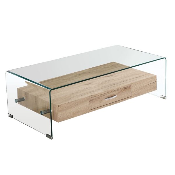 GLASSER Wood Τραπεζάκι Σαλονιού Γυαλί 12mm - Ράφι με Συρτάρι Απόχρωση Δρυς 110x55x35cm - Image 4