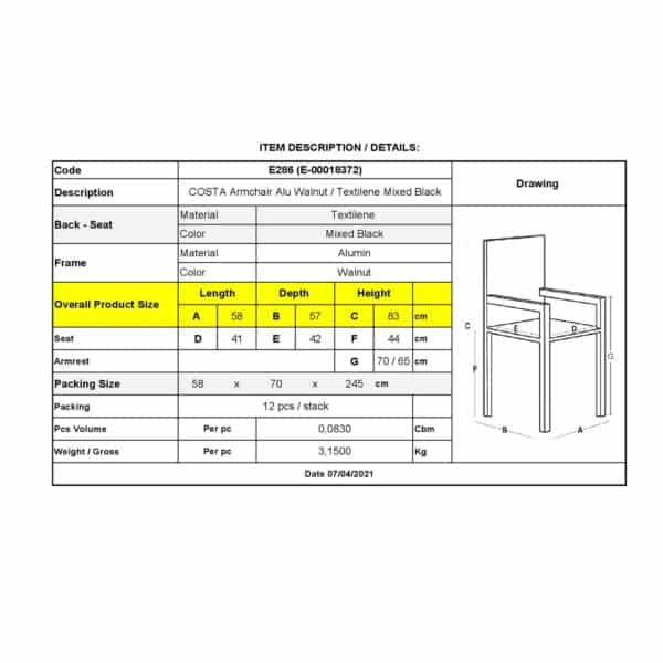 COSTA Πολυθρόνα Dining Αλουμινίου, Απόχρωση Καρυδί Textilene Μαύρο 58x57x83cm - Image 12