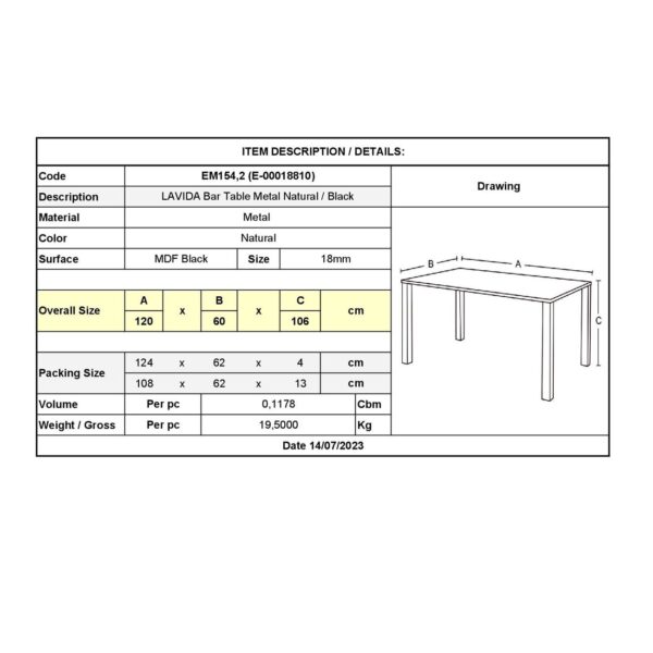 LAVIDA Τραπέζι BAR Μέταλλο Βαφή Φυσικό, Μαύρο MDF 120x60x106cm - Image 6