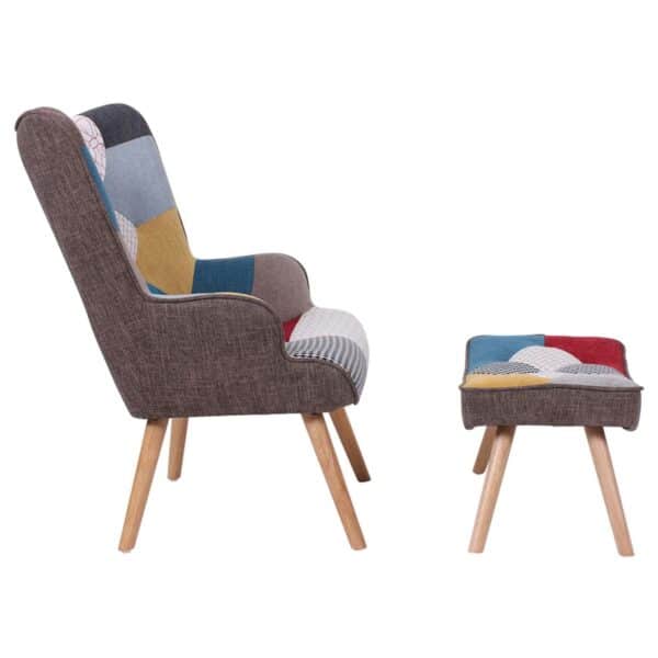 MARON Set: Πολυθρόνα Μπερζέρα + Σκαμπό Υποπόδιο, Ξύλο Φυσικό, Ύφασμα Patchwork 69x76x97 + 52x38x35cm - Image 7
