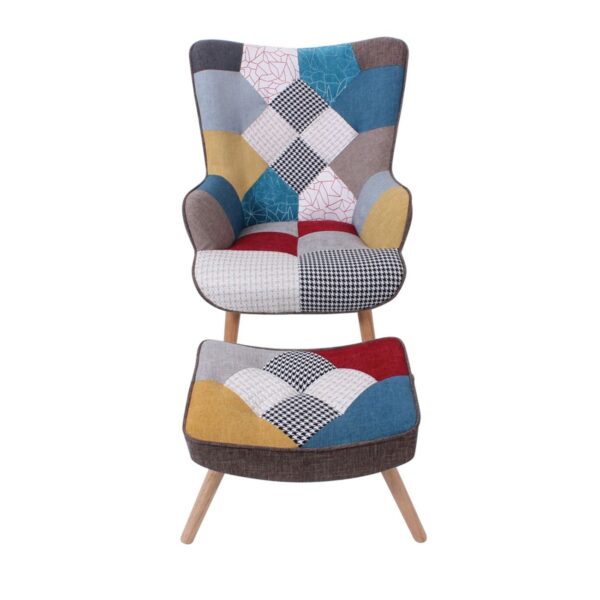 MARON Set: Πολυθρόνα Μπερζέρα + Σκαμπό Υποπόδιο, Ξύλο Φυσικό, Ύφασμα Patchwork 69x76x97 + 52x38x35cm - Image 8