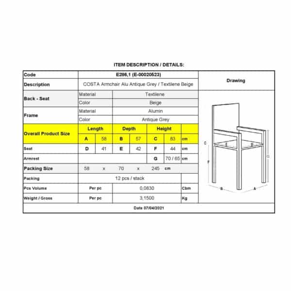 COSTA Πολυθρόνα Dining Αλουμινίου, Απόχρωση Antique Grey - Textilene Μπεζ 58x57x83cm - Image 12