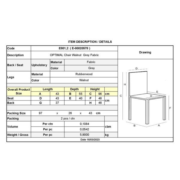 OPTIMAL Καρέκλα Τραπεζαρίας, Απόχρωση Καρυδί Ύφασμα Γκρι 43x55x96cm - Image 12