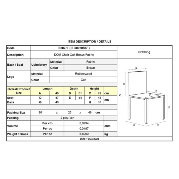 DOM Καρέκλα Τραπεζαρίας Απόχρωση Oak, Ύφασμα Καφέ 48x51x79cm - Image 12