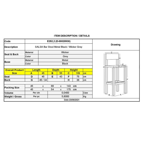 SALSA Σκαμπό BAR-Pro με Πλάτη, Μέταλλο Βαφή Μαύρο, Wicker Γκρι 45x55x75/113cm - Image 6
