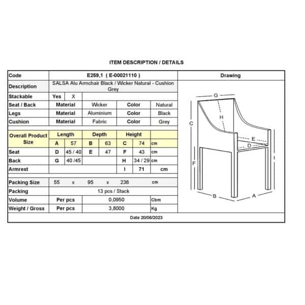 SALSA Πολυθρόνα Στοιβαζόμενη, Αλουμίνιο Βαφή Μαύρο,Wicker Φυσικό, Μαξιλάρι Γκρι 57x63x74cm - Image 14