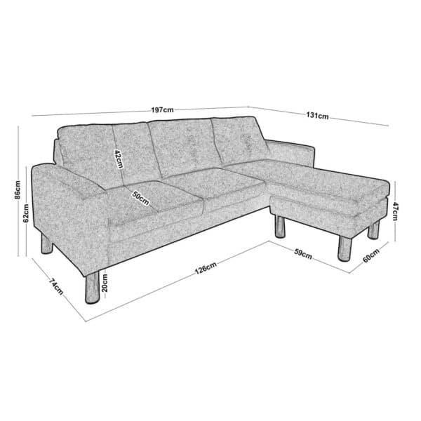 REVERSE Καναπές Σαλονιού Καθιστικού, Γωνία Αναστρέψιμος Ύφασμα Ανοιχτό Γκρι 197x131x74cm H.86cm - Image 8