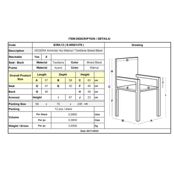 VEGERA Πολυθρόνα Dining Αλουμίνιο Βαφή Καρυδί Textilene Μαύρο, Στοιβαζόμενη 57x58x83cm - Image 12