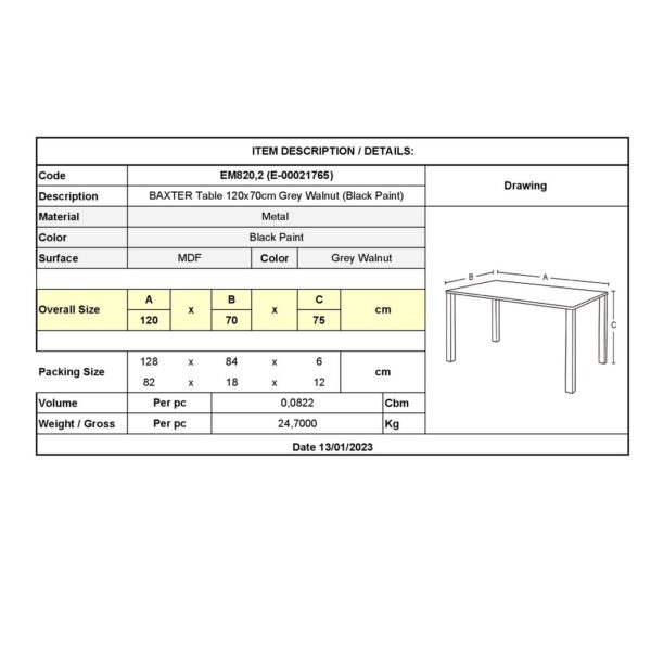 BAXTER Τραπέζι Κουζίνας Τραπεζαρίας, Μέταλλο Βαφή Μαύρο, Grey Walnut 120x70x75cm - Image 6