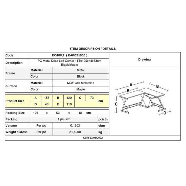 ΓΡΑΦΕΙΟ Η/Υ Γωνία, Μέταλλο Βαφή Μαύρο, Επιφάνεια Απόχρωση Maple 158x120x48x73cm - Image 6