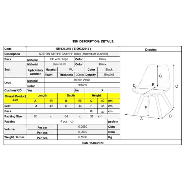 MARTIN STRIPE Καρέκλα Ξύλινο Πόδι, PP Μαύρο 49x56x82cm - Image 12