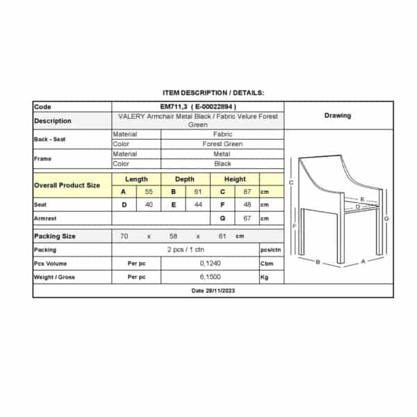 VALERY Πολυθρόνα Μέταλλο Βαφή Μαύρο, Ύφασμα Velure, Απόχρωση Forest Green 55x61x87cm - Image 12