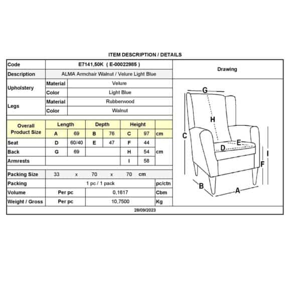 ALMA Πολυθρόνα - Μπερζέρα Σαλονιού - Καθιστικού Καρυδί Ύφασμα Ανοιχτό Μπλε Velure,K/D 69x76x97cm - Image 6