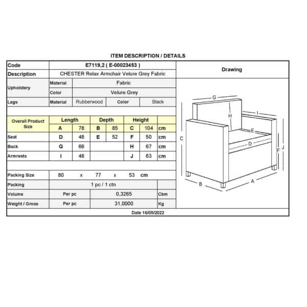 CHESTER Relax Πολυθρόνα Μπερζέρα Σαλονιού, Καθιστικού Ύφασμα Velure Γκρι 78x85x104cm - Image 16