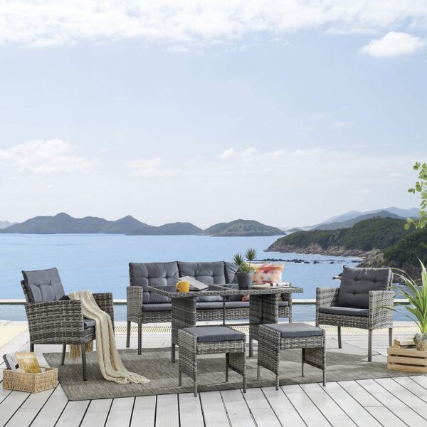 JOCKEY Set Dining Καθιστικό: Τραπέζι+3Θέσιος+2 Πολυθρόνες+ 2 Σκαμπό, Μέταλλο, Wicker Γκρι Table:120x66x66cm Set 7 Seats - Image 4