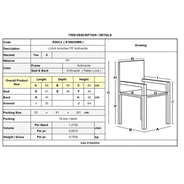 LUNA Πολυθρόνα Κήπου - Βεράντας Στοιβαζόμενη ,PP Απόχρωση Ανθρακί (Rattan Look) 58x58x84cm - Image 12