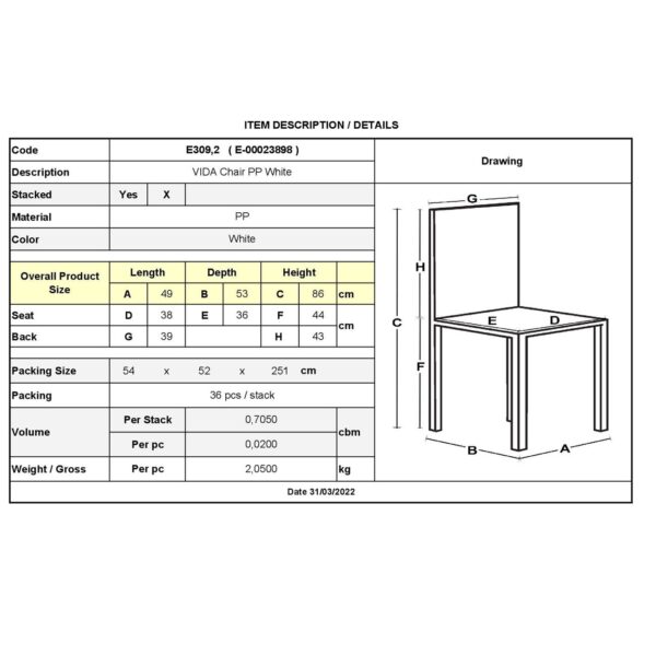 VIDA Καρέκλα Κήπου - Βεράντας Στοιβαζόμενη, PP Άσπρο 49x53x86cm - Image 12