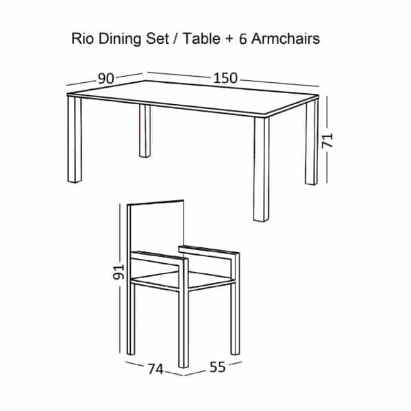RIO Set Τραπεζαρία Κήπου Μέταλλο Ανθρακί, Textilene Γκρι: Τραπέζι + 6 Πολυθρόνες Table:150x90x71 Armch:55x74x91 - Image 6