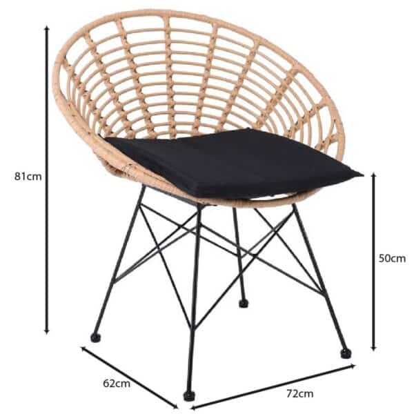 SALSA Coral Πολυθρόνα Κήπου- Τραπεζαρίας, Μέταλλο Μαύρο, Wicker Φυσικό, Μαξιλάρι Μαύρο 72x62x81cm - Image 12