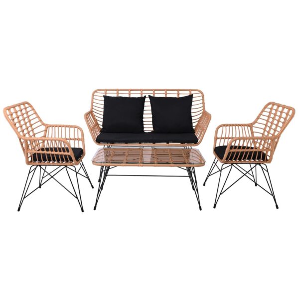 SALSA MAX Living Set Κήπου 4 τεμαχίων, Μέταλλο Βαφή Μαύρο, Wicker Φυσικό, Μαξιλάρια Μαύρο 106x55x45-147x70x105-65x67x96 - Image 4