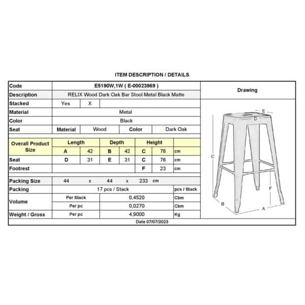 RELIX Wood Σκαμπό Bar, Μέταλλο Βαφή Μαύρο Extra Matte Κάθισμα Dark Oak, Στοιβαζόμενο 42x42 H.76cm - Image 6